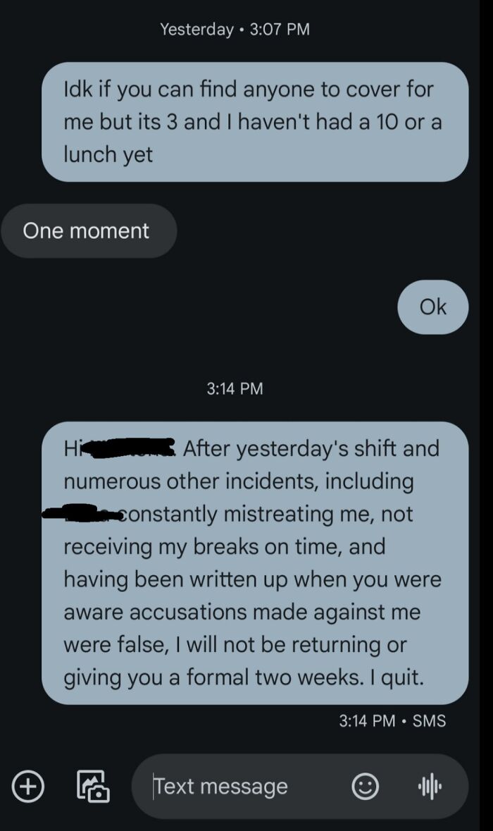 Text message conversation about quitting a job due to mistreatment and lack of breaks.