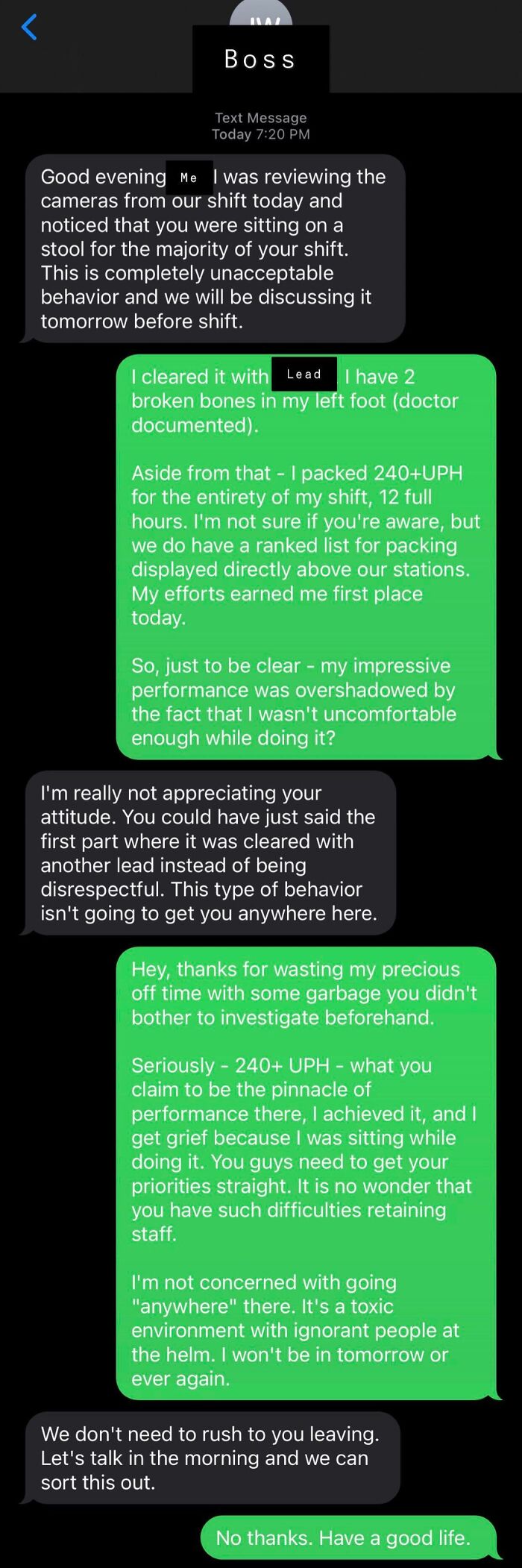 Text conversation shows an employee confronting their boss about a toxic work environment, illustrating people quitting jobs.