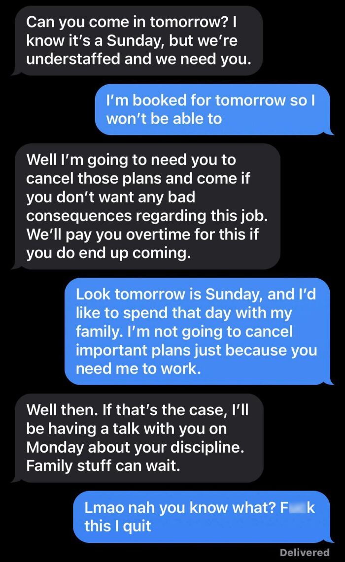 Text exchange showing reasons for people quitting jobs: employee prioritizes family over work demands.