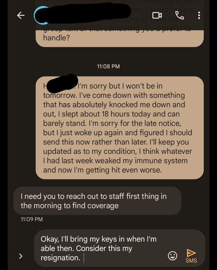 A text message conversation about people quitting jobs, ending in a resignation notice.