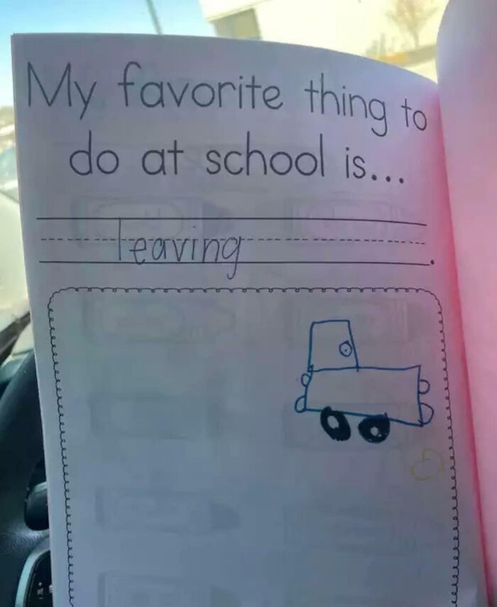 Child’s funny school worksheet with "leaving" as favorite activity, featuring a simple drawing of a vehicle. Hilarious-Kids.