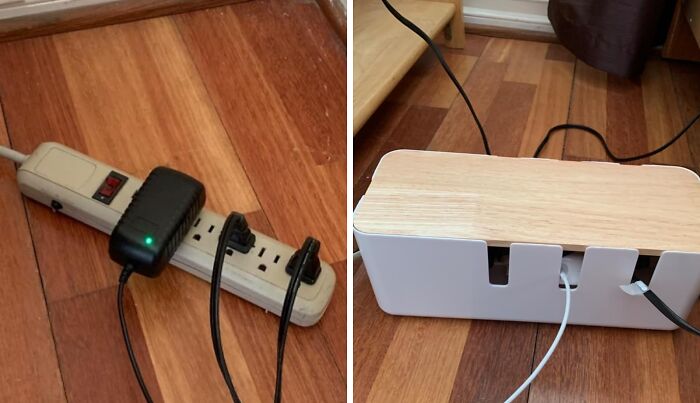 Tidy cable management with a power strip and cord organizer on wooden floor for a more put-together look.