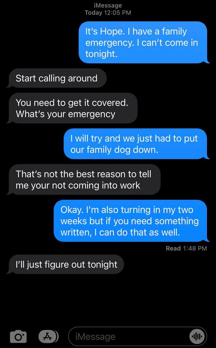 Text conversation showing an employee quitting their job due to a family emergency.