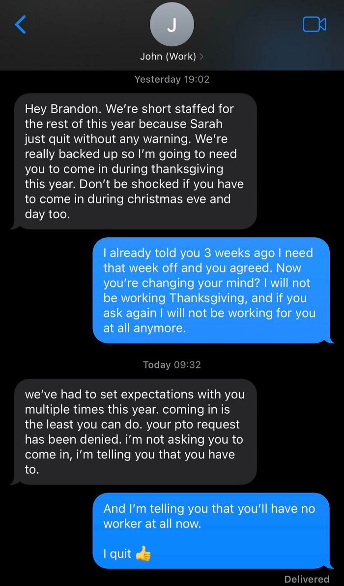 Text message exchange about job quitting after denied time-off request.