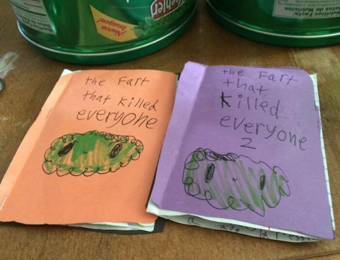 Two handmade booklets by kids titled "The Fart That Killed Everyone," showcasing hilarious-kids creativity.