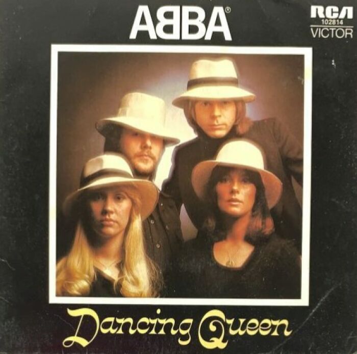 ABBA album cover for "Dancing Queen," iconic '70s song with members wearing white hats.