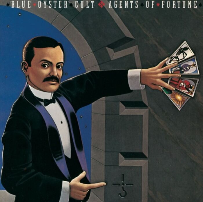 Album cover of Blue Öyster Cult's "Agents of Fortune," a '70s song collection featuring a mysterious figure with tarot cards.