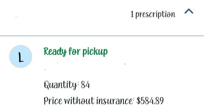 Prescription details showing ready for pickup and high price, highlighting issues with local pharmacies.