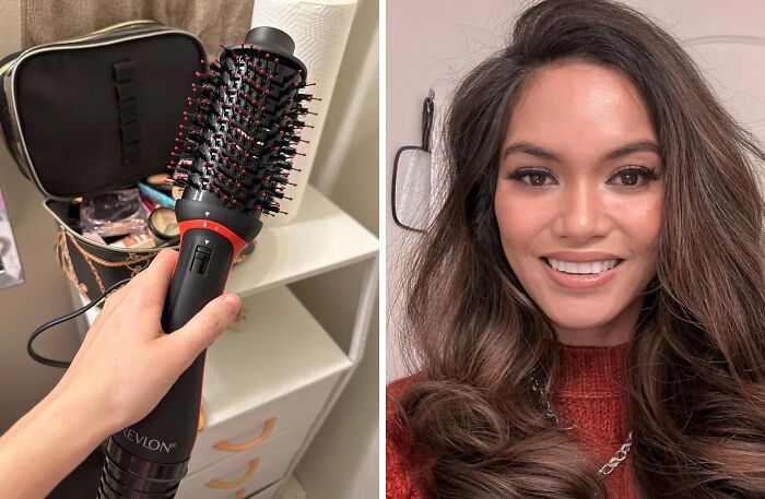 Hair styling brush and smiling woman showcasing put-together look in 2025.