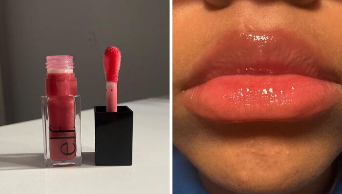 Lip gloss with applicator on the left and glossy lips on the right, enhancing a put-together look.