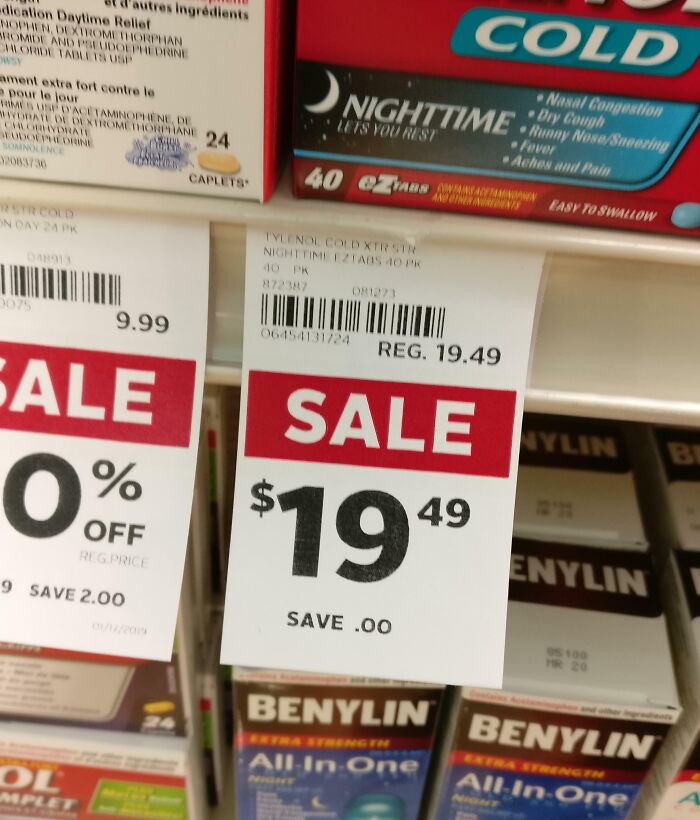 Sale tag in a local pharmacy showing a price of $19.49 with no savings, highlighting infuriating pricing practices.