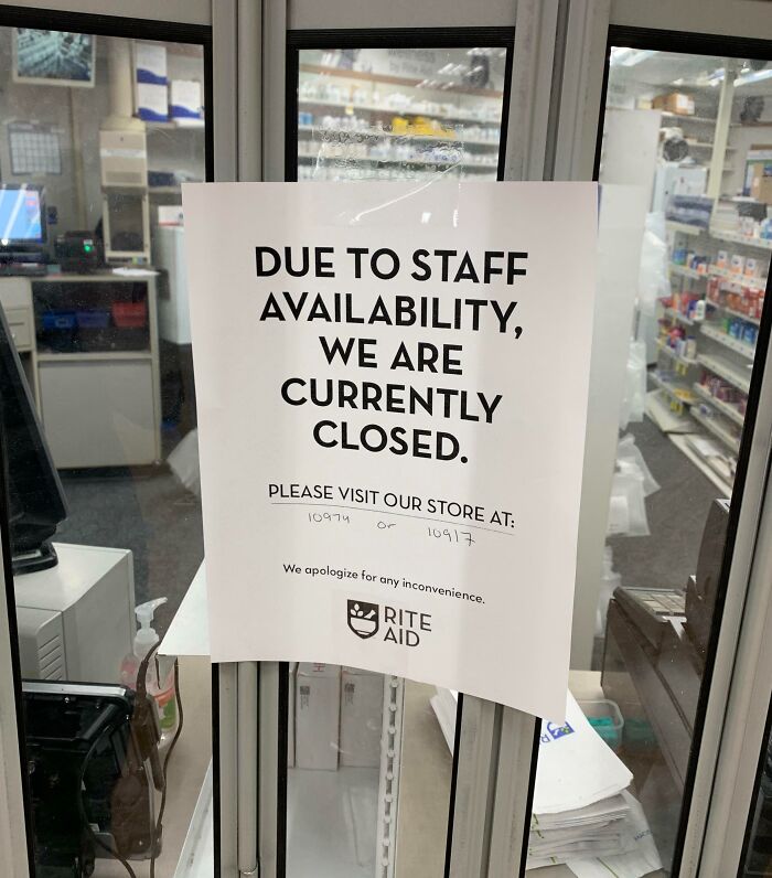 Sign on a local pharmacy door stating closure due to staff unavailability, causing customer frustration.