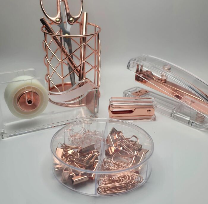 Elegant office supplies with rose gold accents for remote workers.