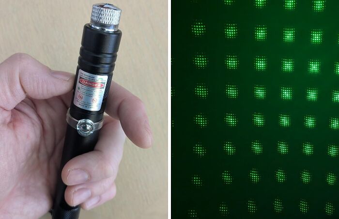 Hand holding laser pointer with green patterned light display, showcasing hottest new Amazon releases.