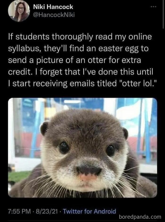 Science meme about an otter used for extra credit, shared on a FB page.