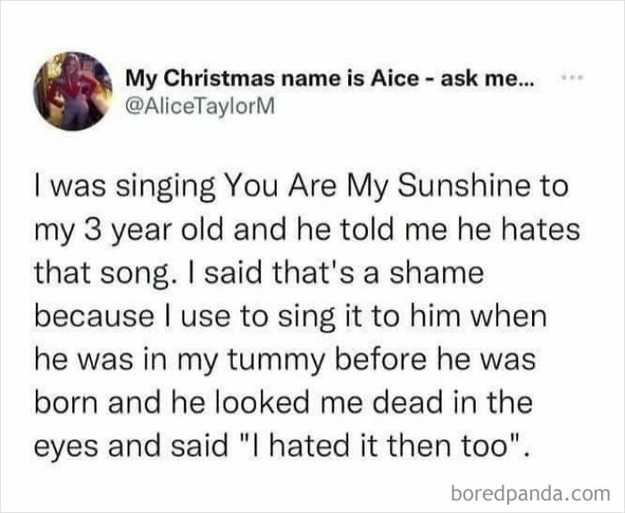 Funny science meme about a 3-year-old disliking "You Are My Sunshine" song, humorously dismissing it since before being born.