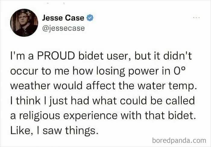 Text meme about a bidet experience during a power outage in cold weather, shared on a social media platform.