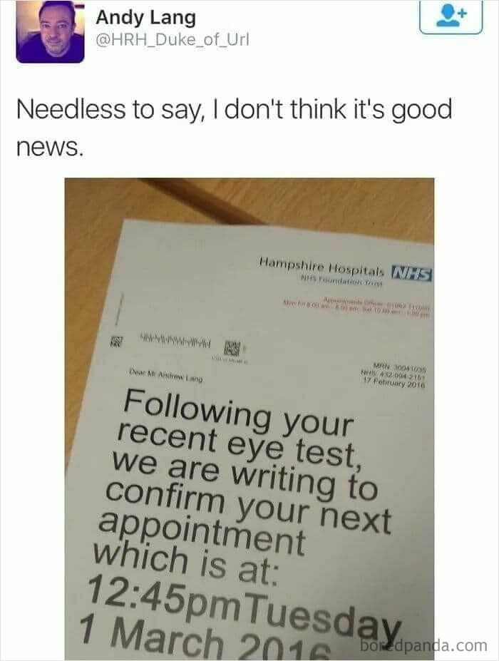 Science meme with a tweet about an eye test appointment letter.