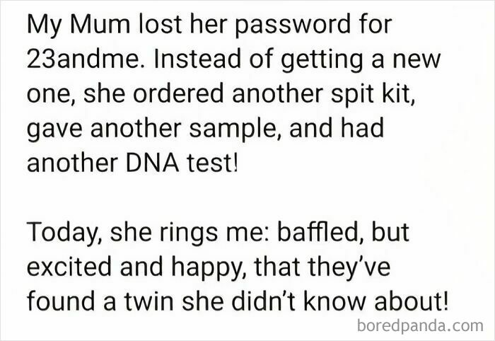 Science meme about a mother repeating a DNA test due to a forgotten password, leading to an unexpected twin discovery.