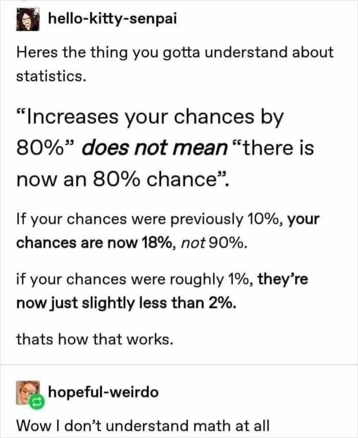 Science meme explaining statistical chances with humorous commentary.