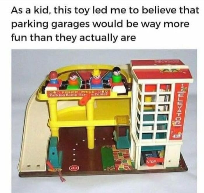 Toy parking garage with play figures showcasing a humorous science meme.