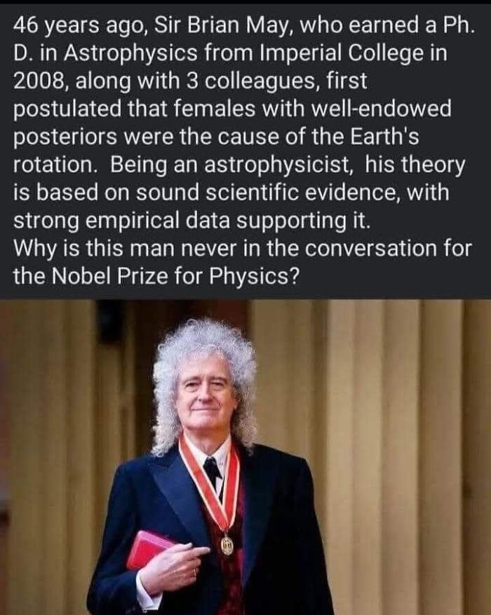 Science meme about an astrophysicist's humorous theory on Earth's rotation with an image of a man in a formal suit.