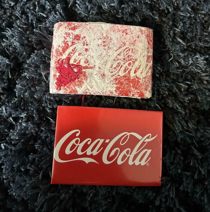 Worn-down Coca-Cola pack compared to a new one, illustrating how time affects objects.