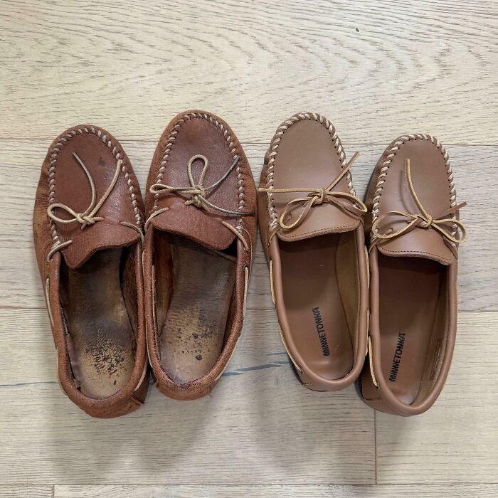 Worn-down moccasins next to new ones, illustrating the passage of time.