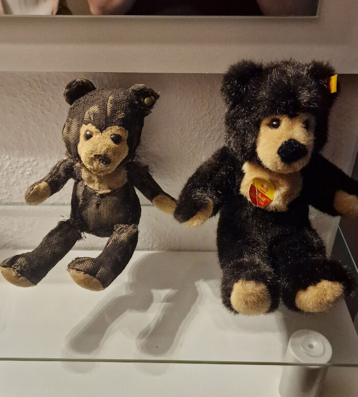 Two teddy bears side by side; one worn-down by time, the other new and plush.