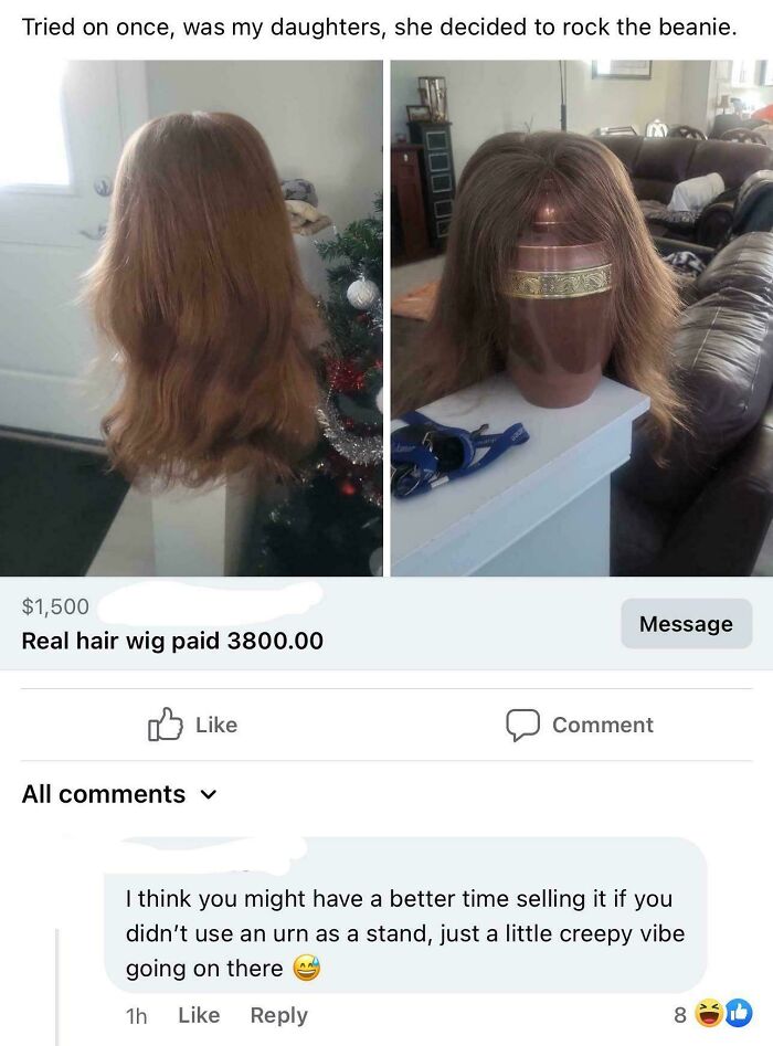 Real hair wig displayed on an urn, listed for sale online with comedic comments about its creepy presentation.