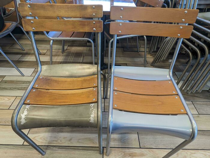 Pair of chairs side by side, one worn-down and one new, illustrating effects of time.