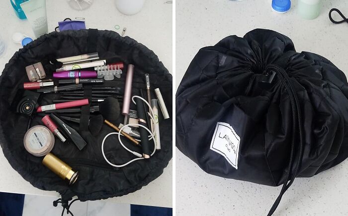 Open makeup bag with various cosmetics beside a closed, drawstring bag, showcasing hottest new Amazon releases.