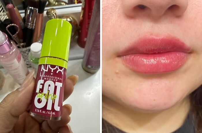 NYX lip oil bottle held beside lips wearing the product, showcasing one of the hottest new Amazon releases.