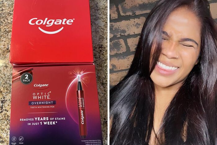 Colgate Optic White pen packaging and person smiling with bright teeth, showcasing a hottest new Amazon release.