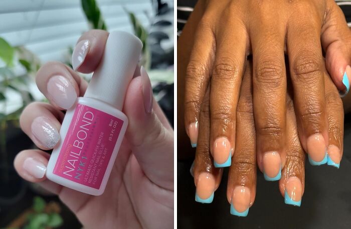 Close-up of hands showcasing new Amazon nail product with sparkling manicure and blue-tipped nails.