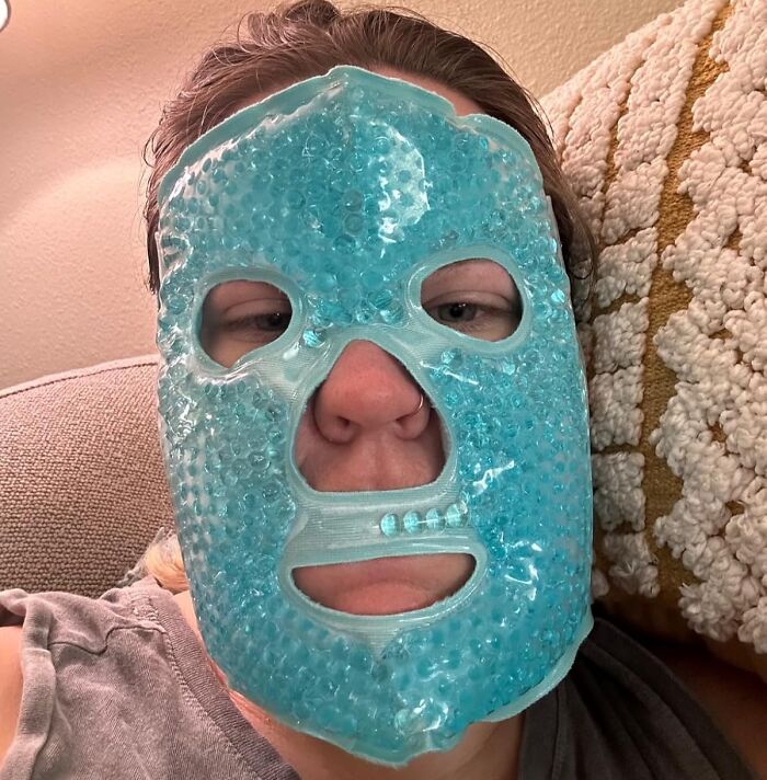 Person relaxing with a blue gel face mask, showcasing one of the hottest new Amazon releases.