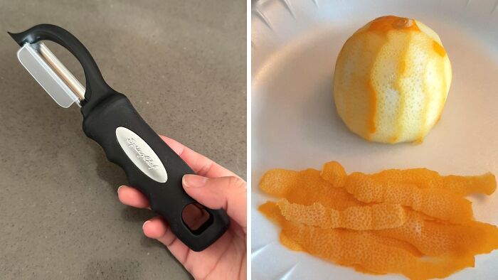 New Amazon release: a kitchen peeler next to peeled orange with strips on a plate.