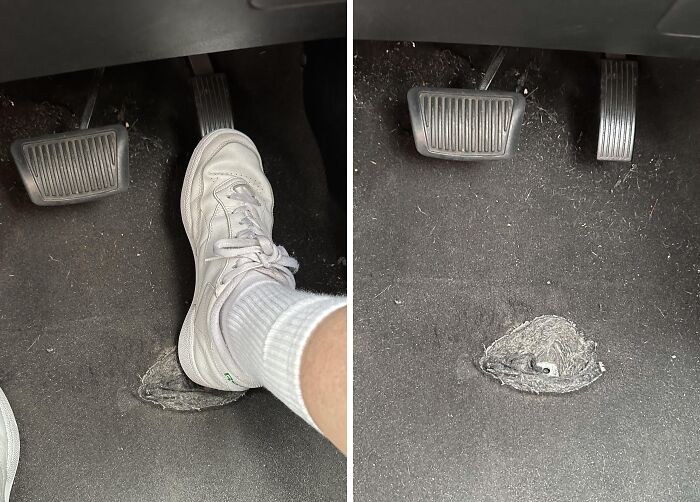 Worn-down car floor by pedals, illustrating how time works; foot in sneaker pressing pedal on the left.