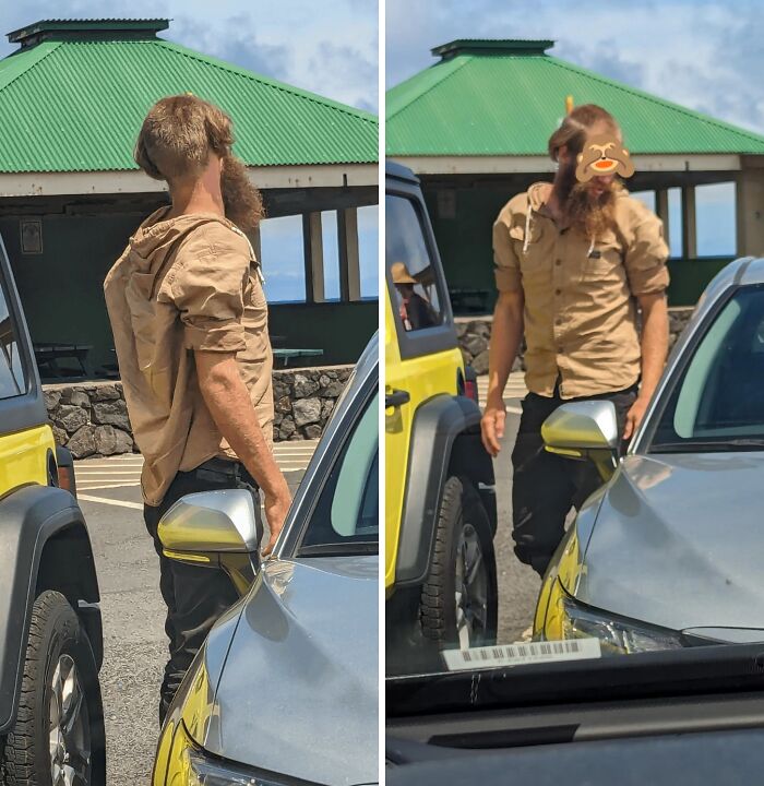 Man with unusual haircut beside cars in a parking lot, showcasing a tragic hair accident.