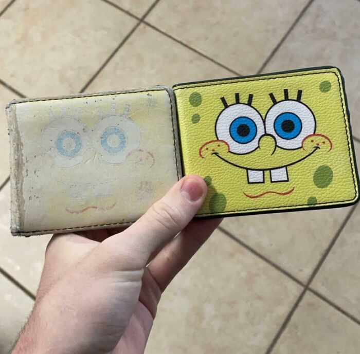 Worn-down SpongeBob wallet compared to a new one, illustrating time's impact.