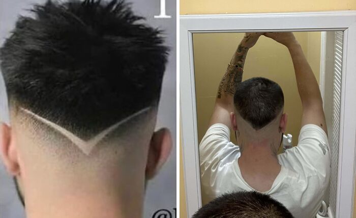 Back view of a man's haircut with a unique V design, shown in a mirror reflection; part of tragic hair accidents.