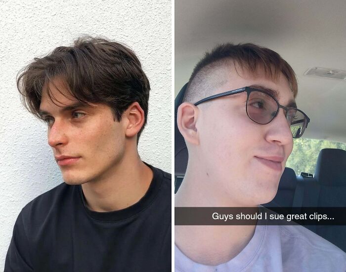 Two young men with contrasting hairstyles; one haircut appears uneven, suggesting a hair accident.