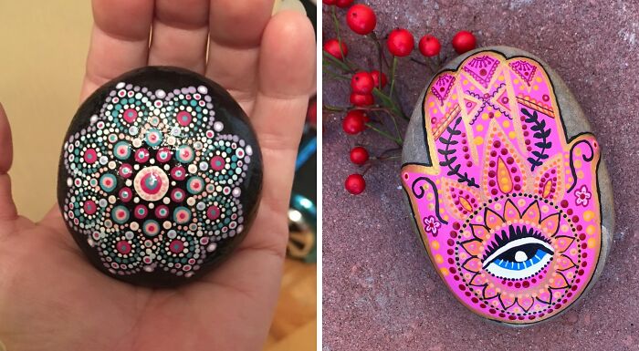 Hand-painted rocks with mandala and hamsa designs, showcasing creative treasures for artistic souls.