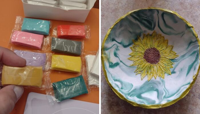 Colorful clay blocks and a handmade bowl with a sunflower design, perfect creative treasures for artistic exploration.