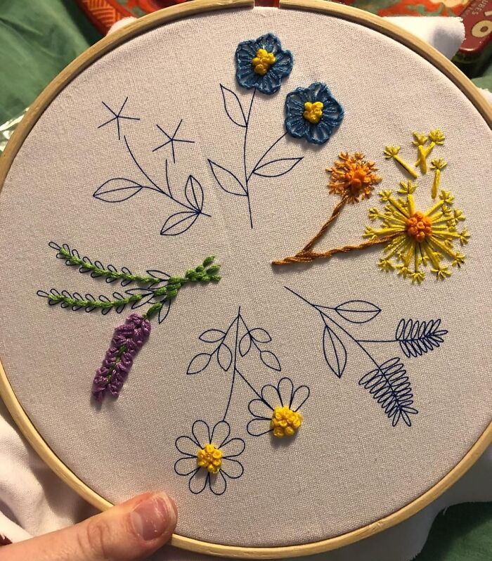 Embroidery hoop with floral designs, showcasing creative treasures for artistic exploration.