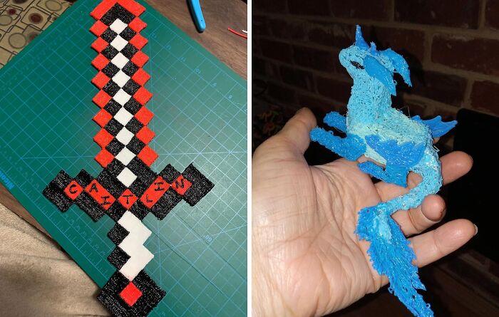 Creative treasures: pixel sword and blue dragon craft displayed.