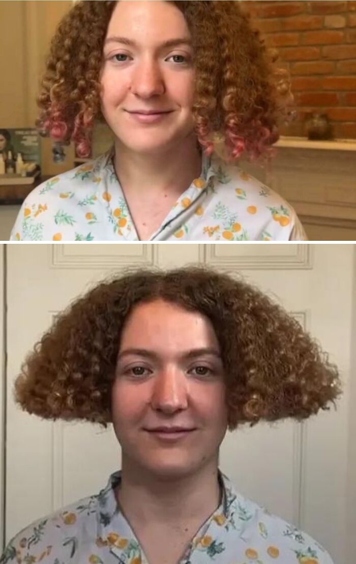 Person showcasing a curly hairstyle change, highlighting a dramatic hair accident before and after transformation.