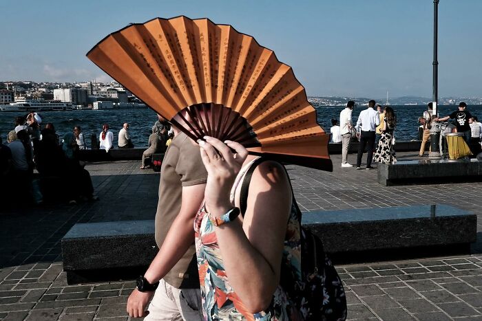 Street photographer captures a person obscured by a fan, creating a humorous scene by the waterfront.