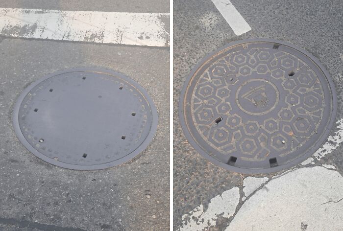 Two manhole covers showing wear: one is smooth and worn-down, the other retains its hexagonal pattern, illustrating time's impact.