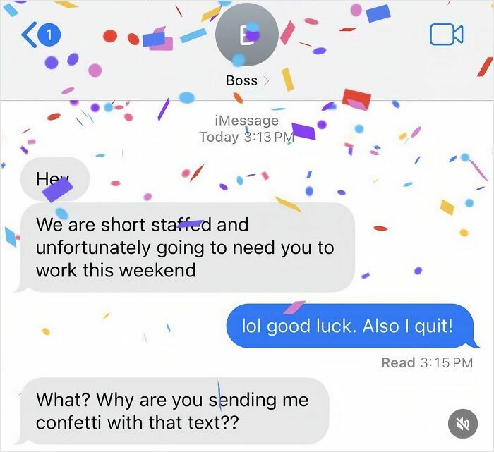 Text message about quitting a job with confetti overlay, highlighting a humorous resignation.